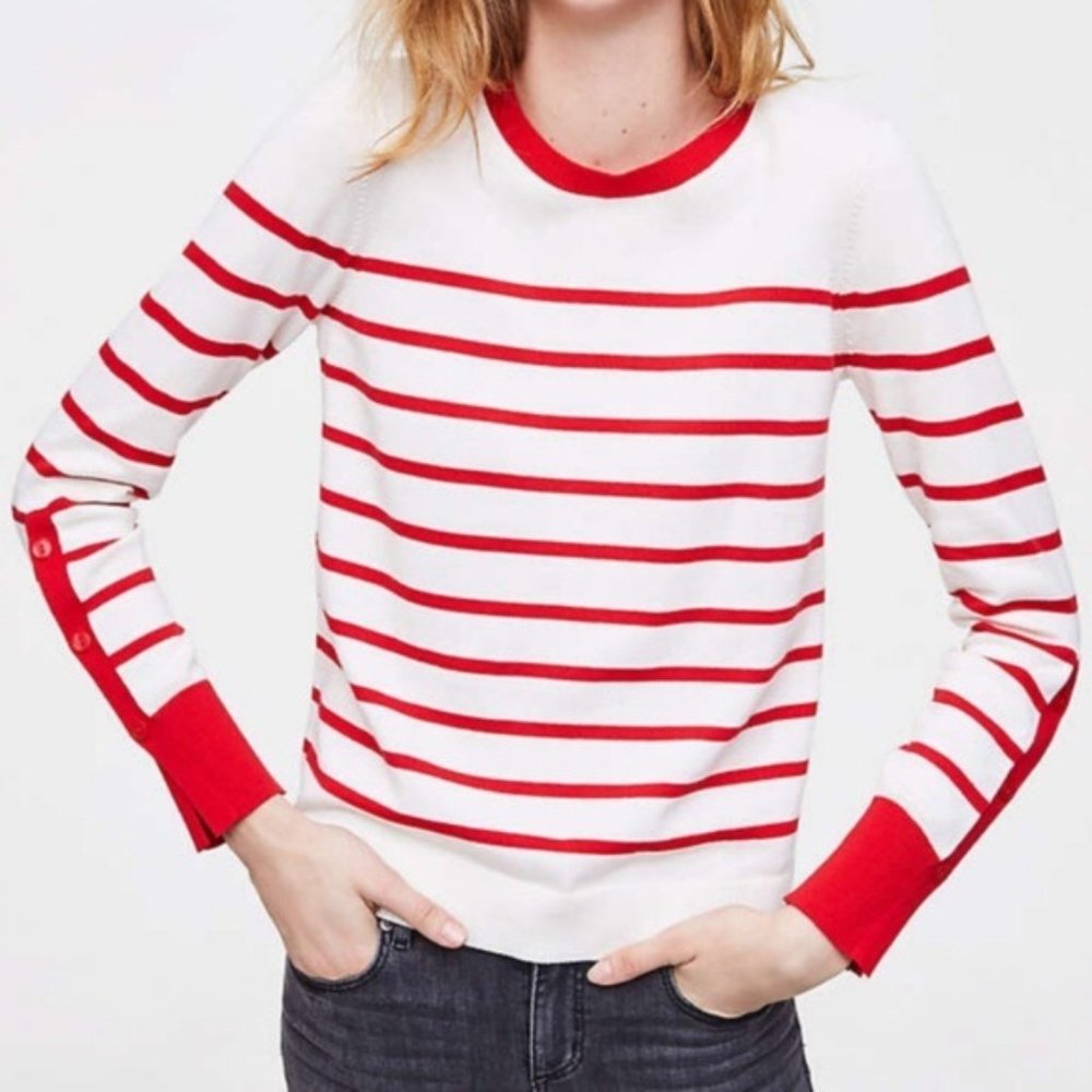 Ann Taylor LOFT Women's Cotton Red/White Striped Sweater with Button-Up Sleeves